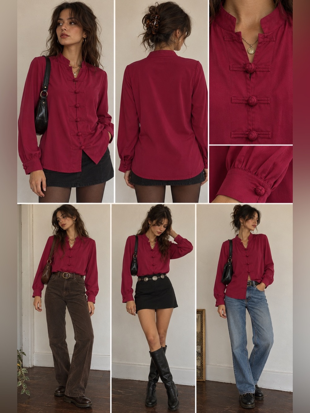 Blair Asian Inspired Mandarin Collar Frog Button Blouse Large